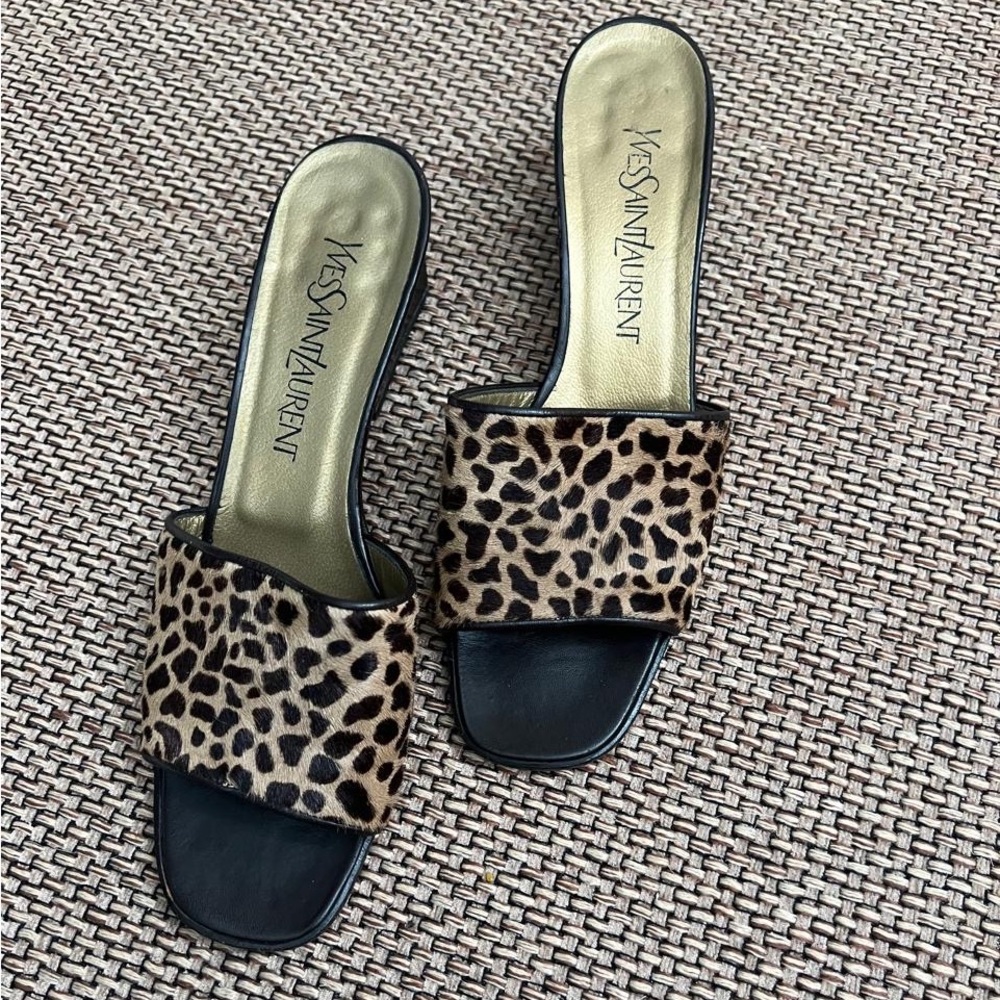 Yves Saint Laurent Leopard hair Print Slide Mules - Black & Brown - Picture 2 of 7